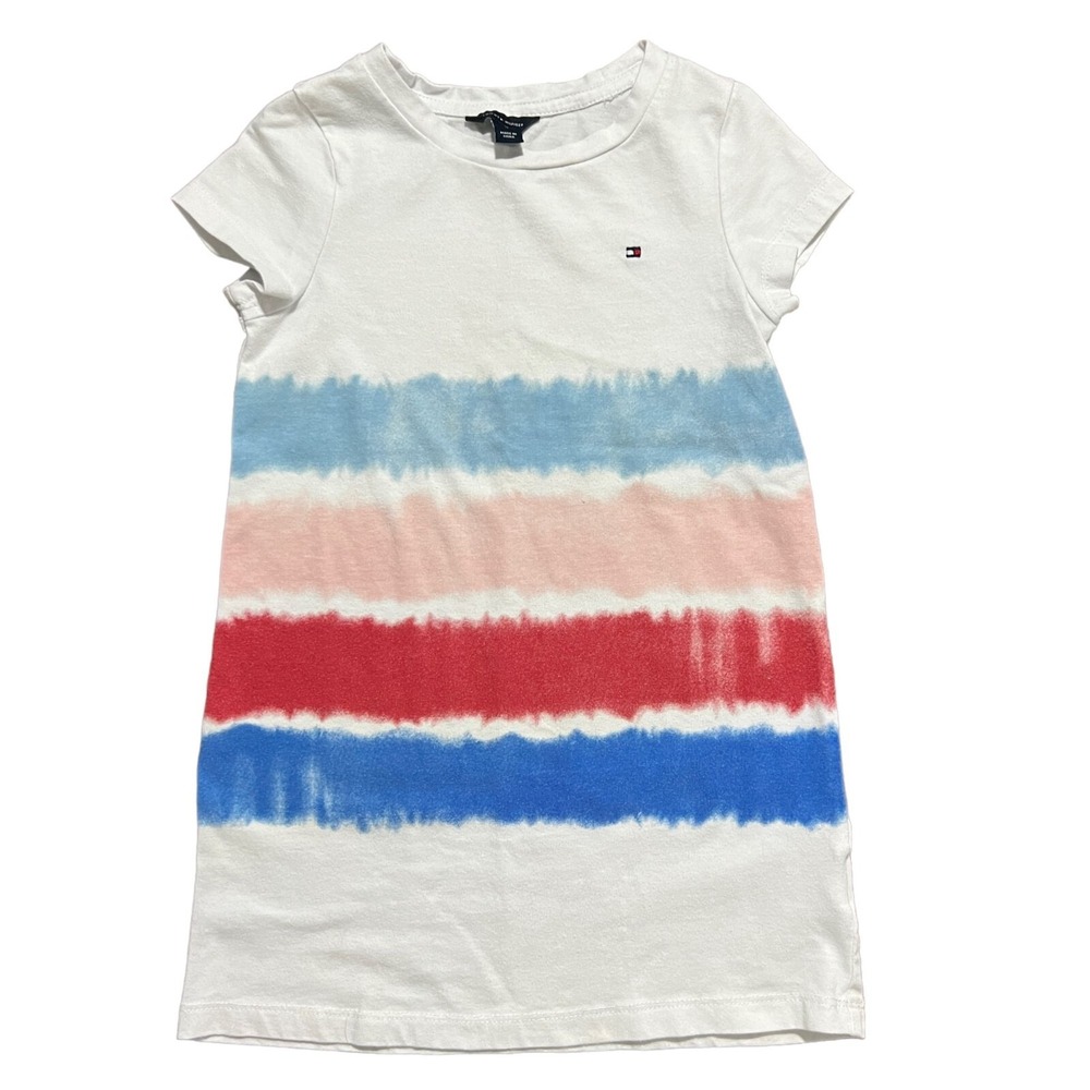 Tommy Hilfiger T-Shirt Dress Girls‎ 5 White Tie Dye Striped Short Sleeve Logo
